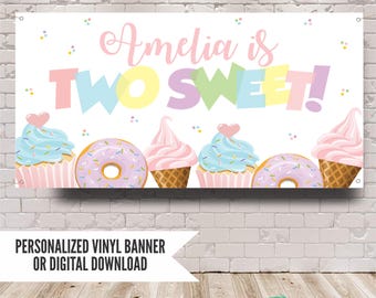 Two Sweet Birthday Banner, Ice Cream and Donut Backdrop, Girls Birthday Decor