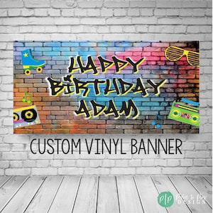 80s birthday banner, Hip Hop Birthday Banner, Graffiti Banner, 90&#39;s Birthday Banner, Neon Birthday Backdrop, Hip Hop Sign, Graffiti Backdrop
