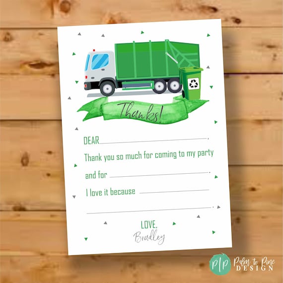 Carte De Remerciement De Camion A Ordures Anniversaire De Etsy Canada