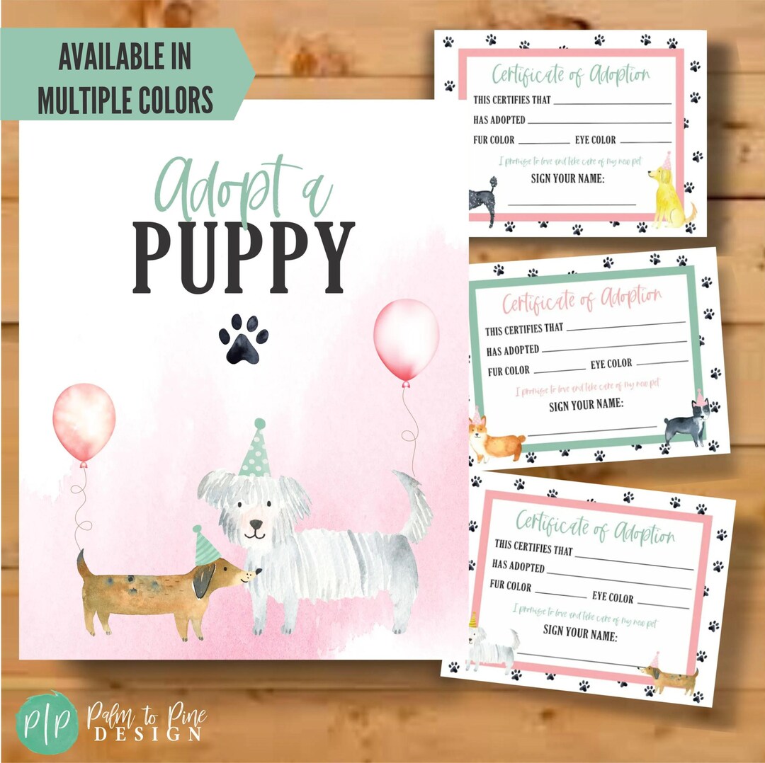 Puppy Birthday Party Stuffie Adoption Cards, Stuffed Animal Adoption ...