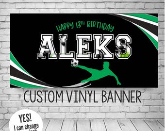 Personalized Soccer Birthday Banner, Vinyl Sports Team Party Backdrop (Any Color and Gender)