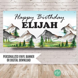 Outdoorsy Birthday Banner, Personalized Mountain Backdrop, Outdoor Adventure Party Decor