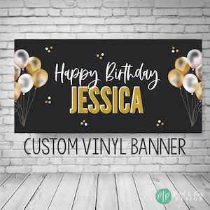 Happy birthday banner personalized, Custom birthday banner, Black and Gold Birthday Banner, Black and Gold backdrop, Black and Gold banner