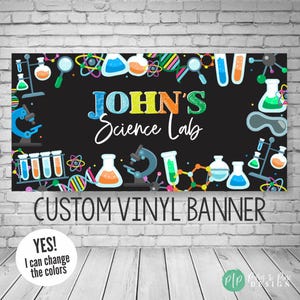 Science Birthday Banner, Scientists Party Backdrop, Custom Colors and Personalized Wording