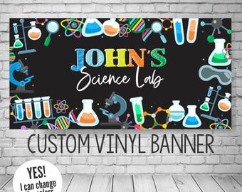 Science Birthday Banner, Scientists Party Backdrop, Custom Colors and Personalized Wording