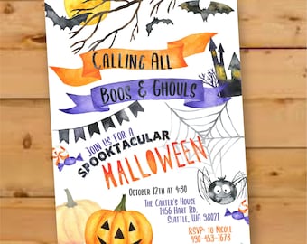 Watercolor Halloween Birthday Party Invitation, Kids Spooktacular Invite