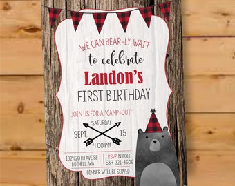 Buffalo Plaid Bear Birthday Invitation, Camping Lumberjack Party Invite