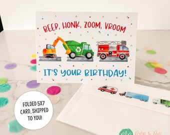 Tarjeta de cumpleaños para niños con transporte / Saludo de camiones (5x7 con sobre a juego)