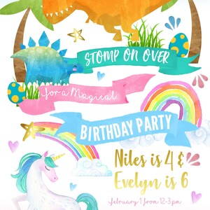 Unicorn dinosaur invitation, unicorn dinosaur birthday, siblings birthday party invitation, twins birthday invite, boy girl birthday invite image 3