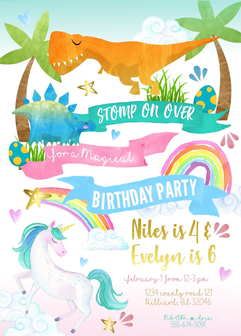 Unicorn dinosaur invitation, unicorn dinosaur birthday, siblings birthday party invitation, twins birthday invite, boy girl birthday invite image 3