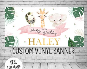 Jungle Birthday Banner | Pink Safari Animals | Personalized Zoo Party Decor - Any Color or Occasion