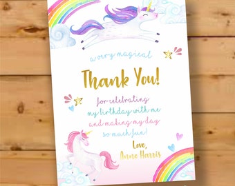 Unicorn Thank You Card, Pastel Unicorn Thank You, Birthday Girl Thank You Card, watercolor unicorn thank you, fill in the blank thank you