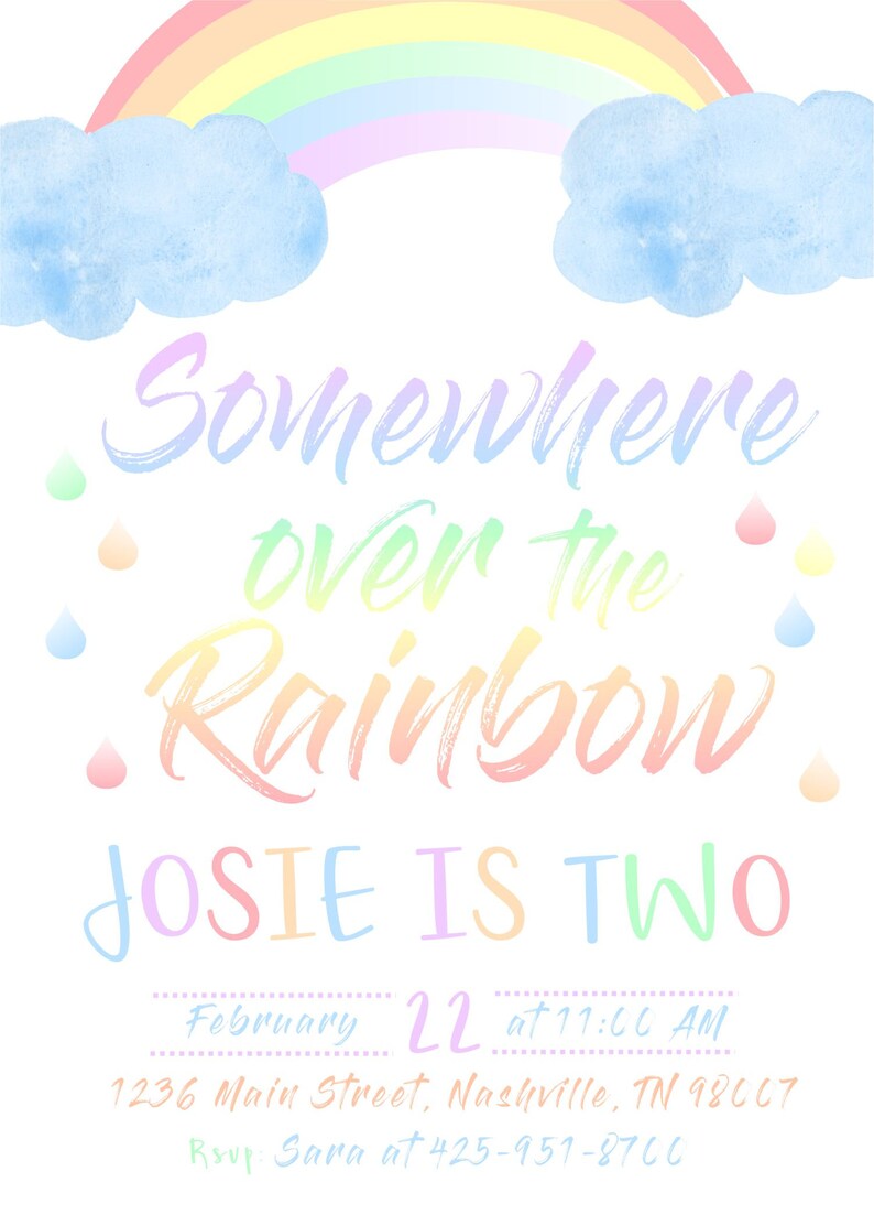 Puede incluir: Una invitaci&oacute;n en colores pastel con un arco&iacute;ris, nubes y gotas de lluvia. El texto dice "Somewhere over the Rainbow" y "Josie is Two". Los detalles incluyen la fecha, la hora y el lugar de una fiesta de cumplea&ntilde;os.