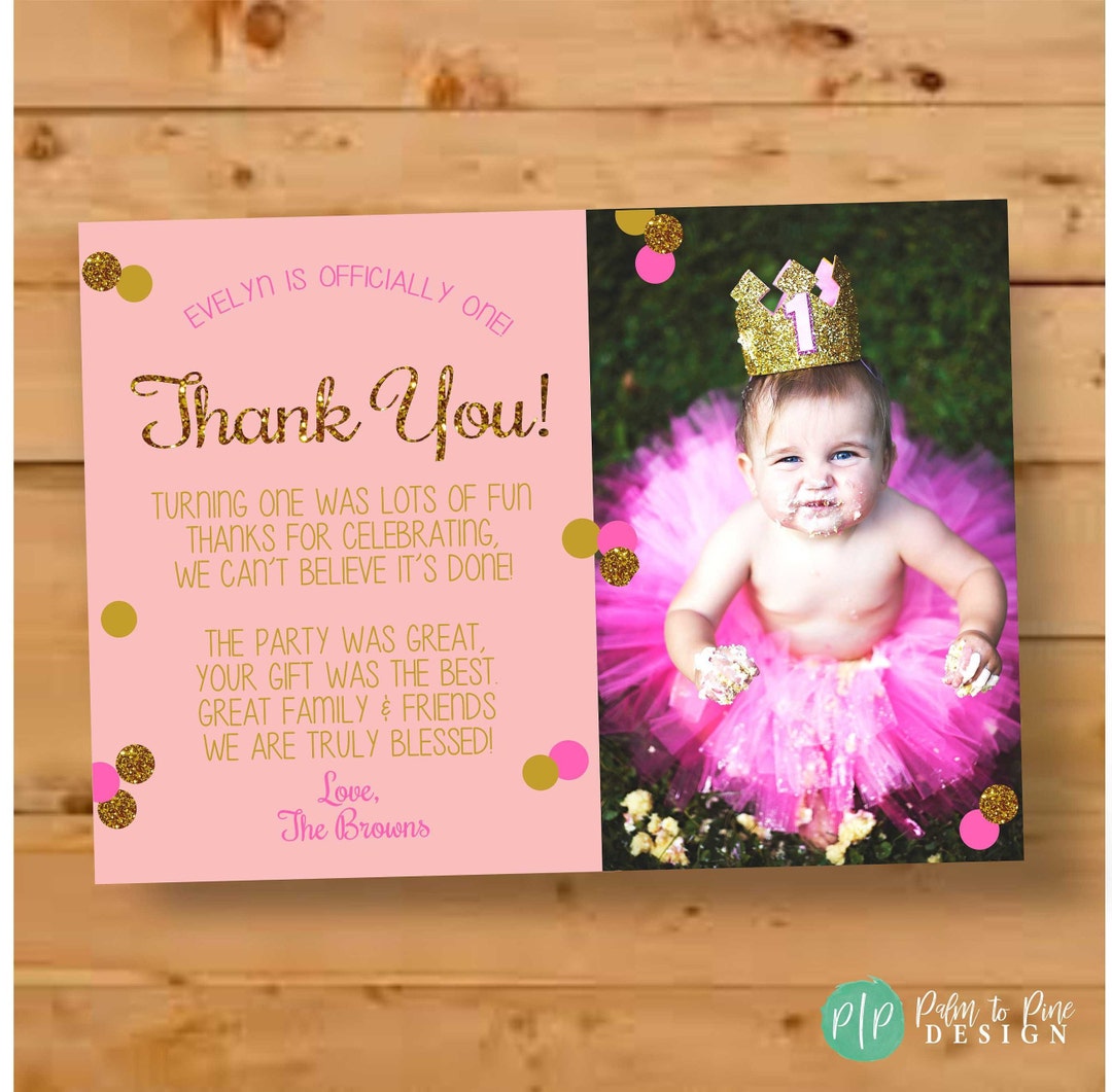 First Birthday Thank You Card Pink & Gold Glitter Thank You Etsy