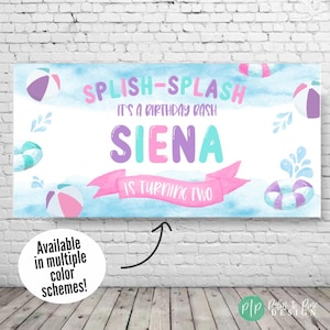 Girls pastel beach party birthday banner with Splish Splash wording, colorful beach balls, floating life rings, and watercolor splash details