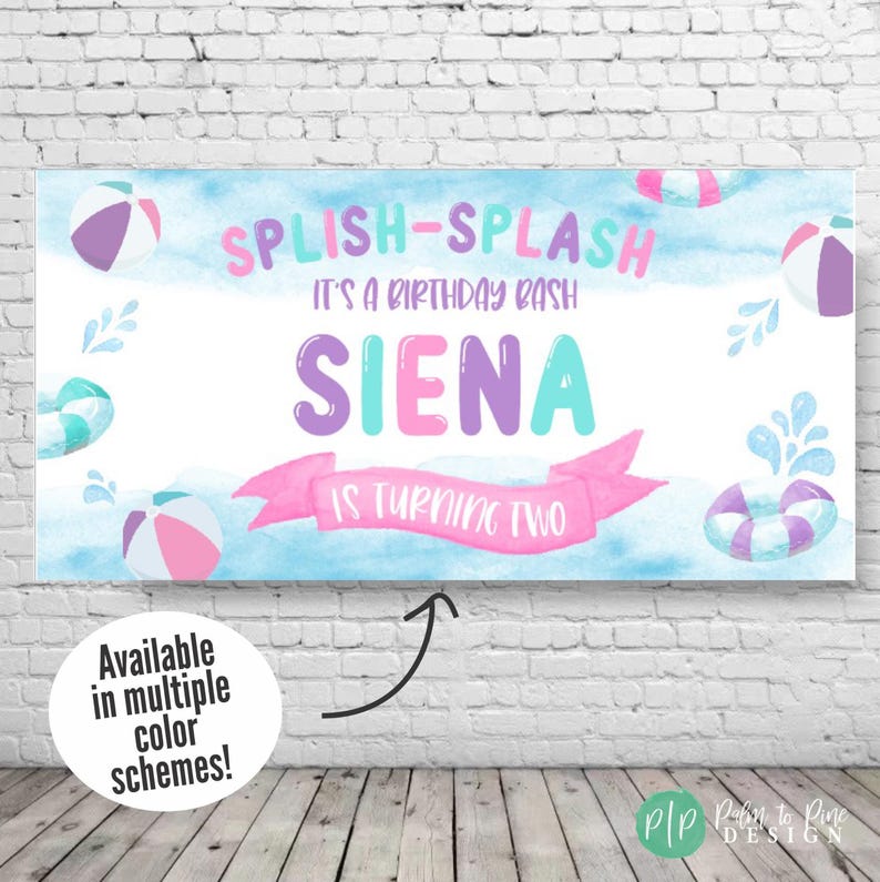 Girls pastel beach party birthday banner with Splish Splash wording, colorful beach balls, floating life rings, and watercolor splash details