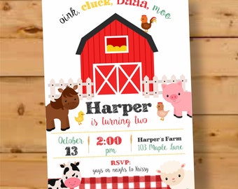 Farm Animal Birthday Invitation, Red Barnyard Party (Digital or Printed)