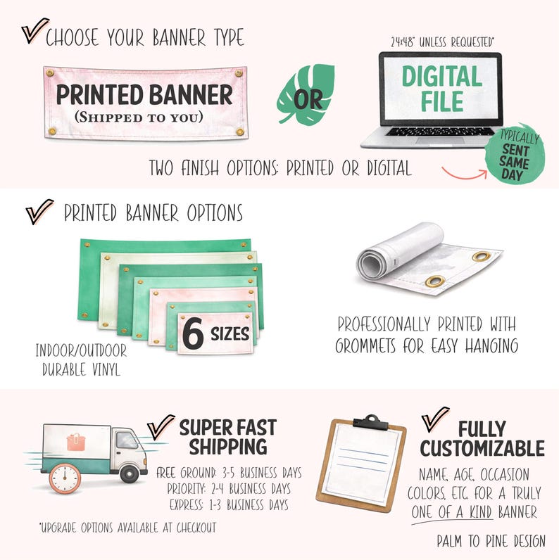 The image is a collage of three images, each depicting different types of printed and digital banners, along with their respective shipping options.