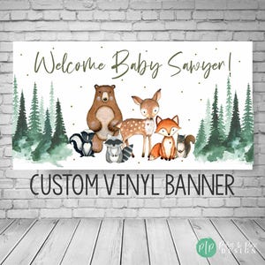 Woodland Baby Shower Banner, Custom Forest Animals Decorations, Personalized Sign