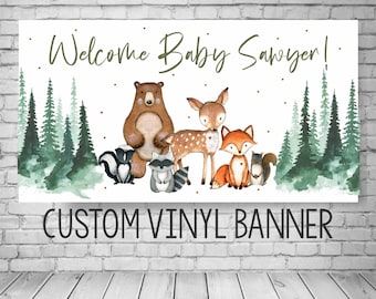 Woodland Baby Shower Banner, Custom Forest Animals Decorations, Personalized Sign