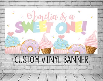 Sweet One Banner, First Birthday Ice Cream Party Backdrop, Personalized Name and Age