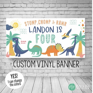 Banner de cumpleaños de dinosaurio, fondo de dinosaurio personalizado, decoración de fiesta de tres Rex, nombre y edad personalizados
