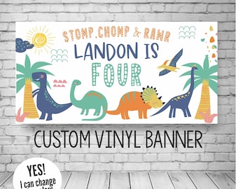Dinosaur Birthday Banner, Custom Dino Backdrop, Three Rex Party Decor, Personalized Name and Age