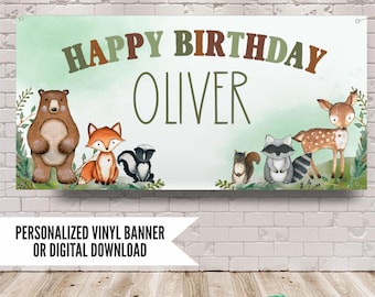 Woodland Birthday Banner, Rustic Forest Animal Party Decor, Custom Wild One Creature Backdrop