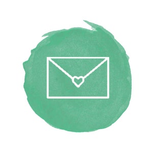 May include: A green watercolor circle with a white outline of an envelope with a heart in the center.
