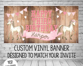Horse Birthday Banner, Cowgirl Party Decorations, Personalized, Custom Colors Available