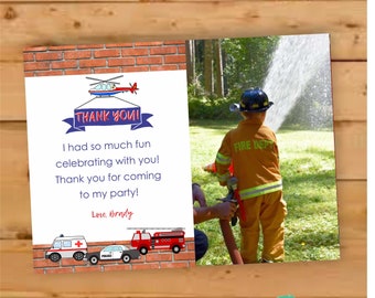 Tarjeta de agradecimiento de cumpleaños para vehículos de emergencia, escuadrón de rescate, camión de bomberos, coche de policía