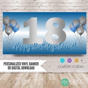 Blue and Silver Birthday Banner, Milestone Party Backdrop (Personalized Age and Colors)