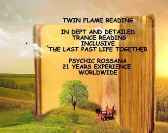 May include: A book with a sunset background and a green field with a tree and a path. The book's text reads "Twin Flame Reading, In Dept and Detailed Trance Reading Inclusive 'The Last Past Life Together Psychic Rossana 21 Years Experience Worldwide."