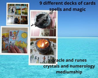 May include: A collage of images related to divination and spiritual practices. The top image shows a collection of tarot cards. The middle image shows a mortar and pestle with herbs. The bottom image shows a burning candle and tarot cards. The text on the image reads "9 different decks of cards spells and magic oracle and runes crystals and numerology mediumship."