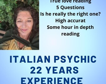 Pode incluir: Uma mulher com cabelo castanho e um xale verde está representada. O texto diz "True love reading, 5 Questions, Is he really the right one? High accurat, Some hour in depth reading, ITALIAN PSYCHIC, 22 YEARS EXPERIENCE".
