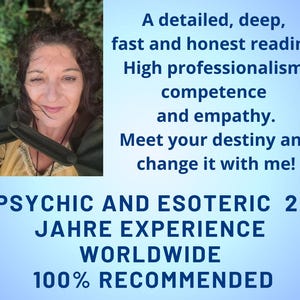 Może przedstawiać: Kobieta o ciemnych włosach i ciepłym uśmiechu jest przedstawiona na tle niebieskiego tła. Tekst brzmi: "Szczegółowa, głęboka, szybka i uczciwa lektura. Wysoki profesjonalizm, kompetencja i empatia. Spotkaj się ze swoim przeznaczeniem i zmień je ze mną! PSYCHIC AND ESOTERIC 22 JAHRE EXPERIENCE WORLDWIDE 100% RECOMMENDED"