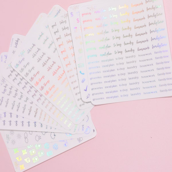 Productivity - Holographic Clear Foil Planner Stickers - Functional - Icons - Words - Over 600 Stickers - Folder Included - Minimal