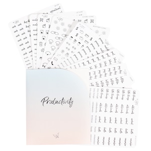 Productivity - Black Clear Print - Planner Stickers - Functional - Icons - Words - Over 600 Stickers - Folder Included - Minimal - Midnight