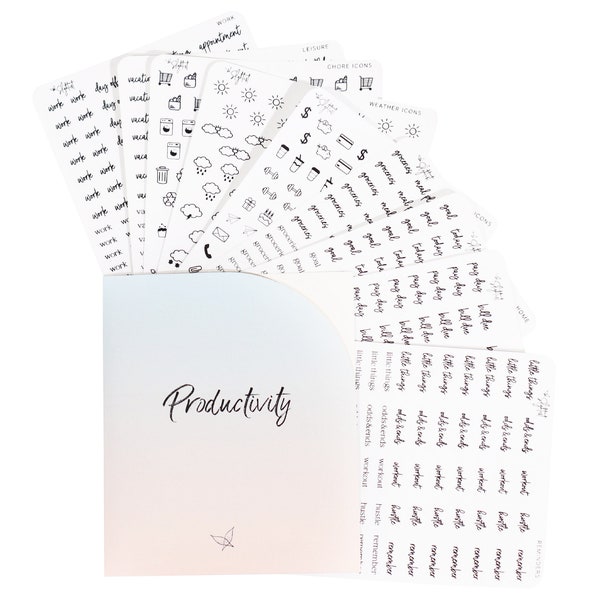 Productivity - Black Clear Print - Planner Stickers - Functional - Icons - Words - Over 600 Stickers - Folder Included - Minimal - Midnight