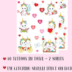 Tatuajes falsos - Tatuajes temporales lindos con brillantina para el día de San Valentín - Unicornio - Niños - Regalos de fiesta