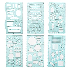 May include: Six light blue plastic stencils with various shapes and designs. Each stencil features different shapes, including banners, circles, triangles, and decorative elements. The stencils have measurement markings along the edges.