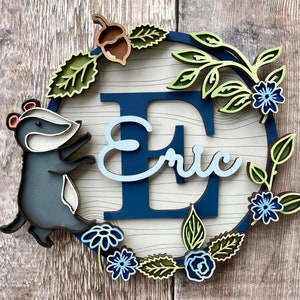 Woodland badger - personalised wooden wreath sign custom hand painted any colours of your choice