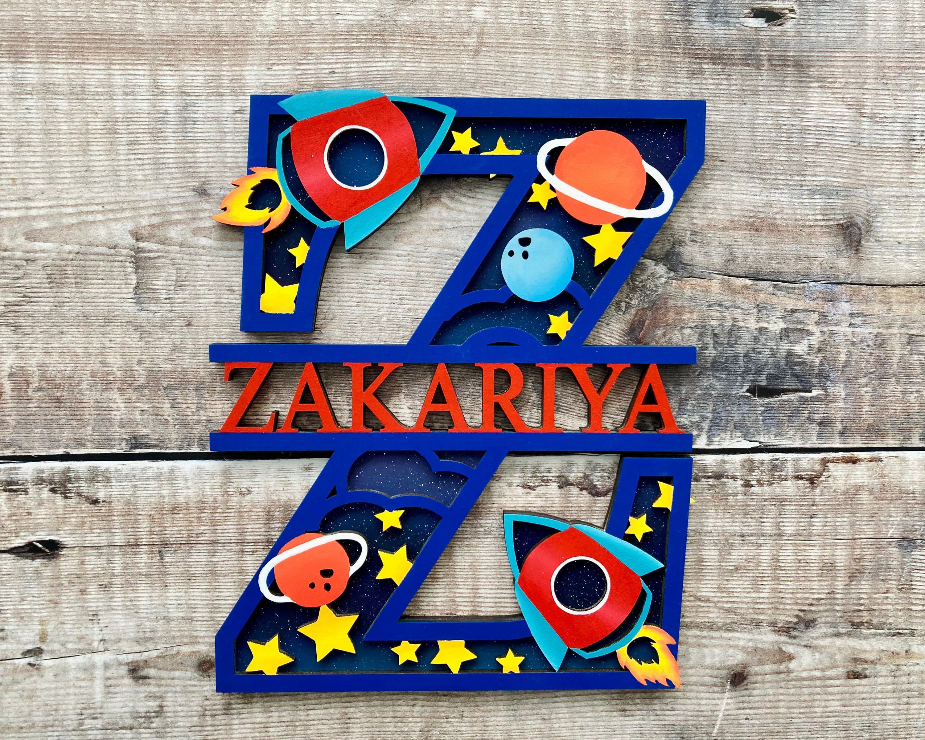 Personalised wooden space rocket wall art letter & name sign Etsy