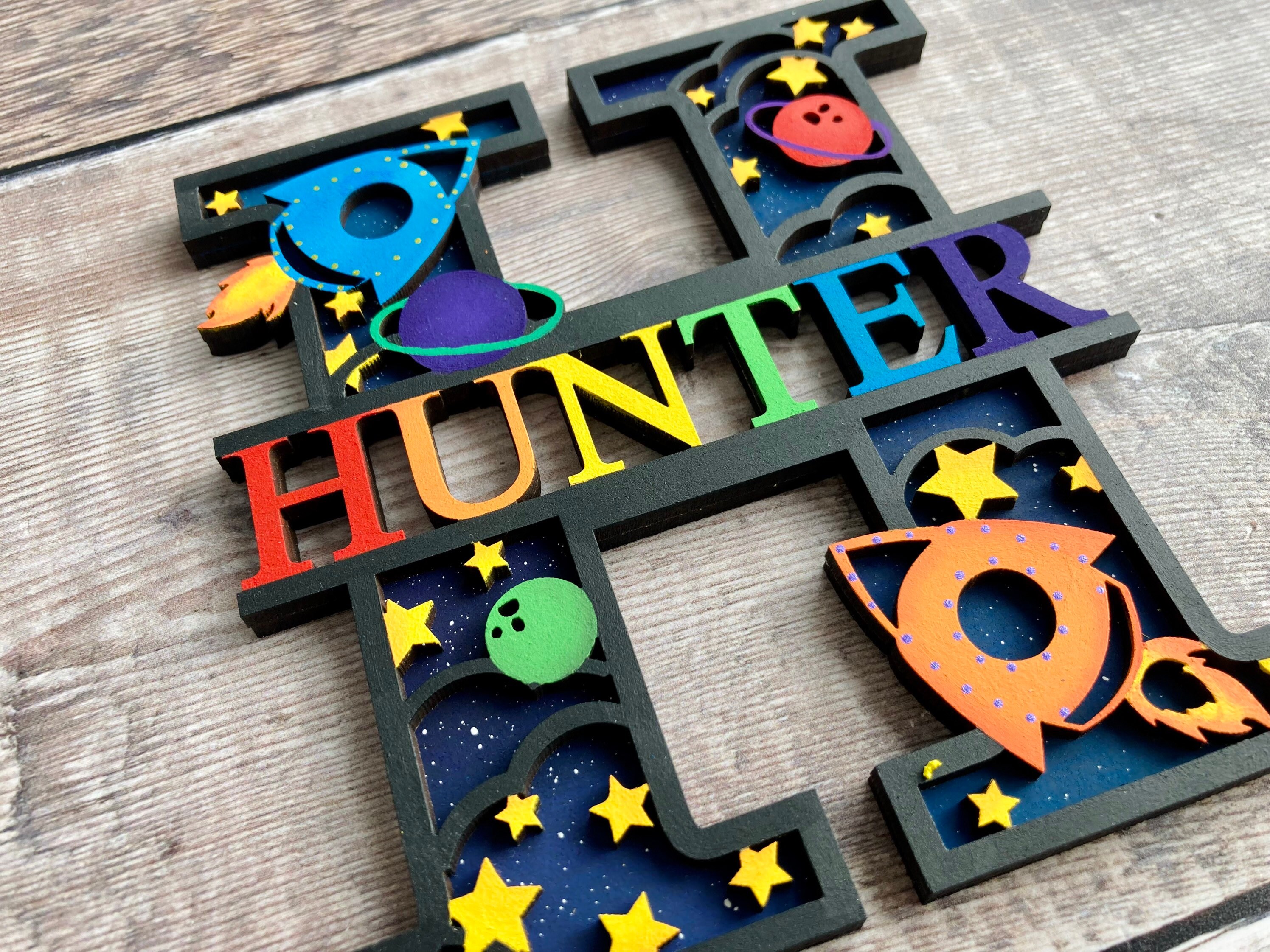 Personalised wooden space rocket wall art letter & name sign Etsy