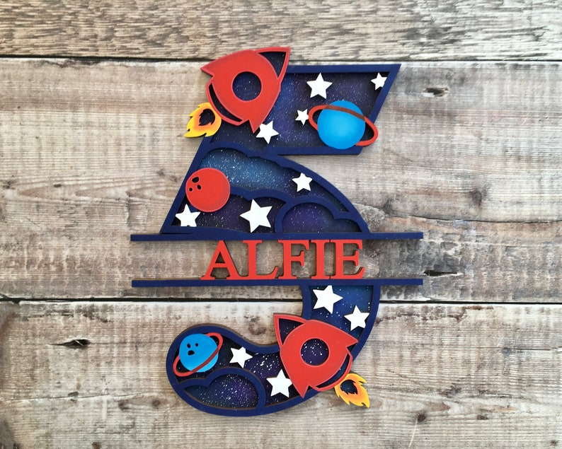 Personalised wooden space rocket wall art letter & name sign Etsy