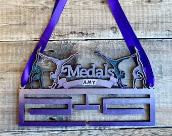 Personalised gymnastics wooden medal bow ribbon holder NEW DOUBLE LAYER design - hand painted in your choice of colours