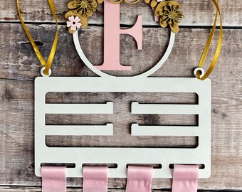 Personalised floral wooden bow or medal holder with name or initial - hand painted in any colours