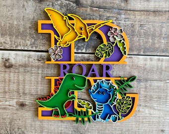Dinosaurus "Roar" splitletter - helder handgeschilderd houten bord - 15 cm klaar om te verzenden decor