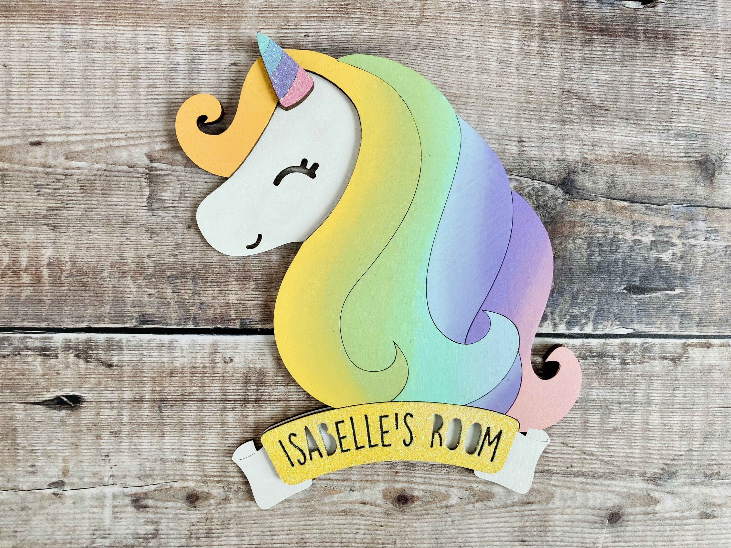 Personalised layered 3D birch wood unicorn sign with banner Etsy