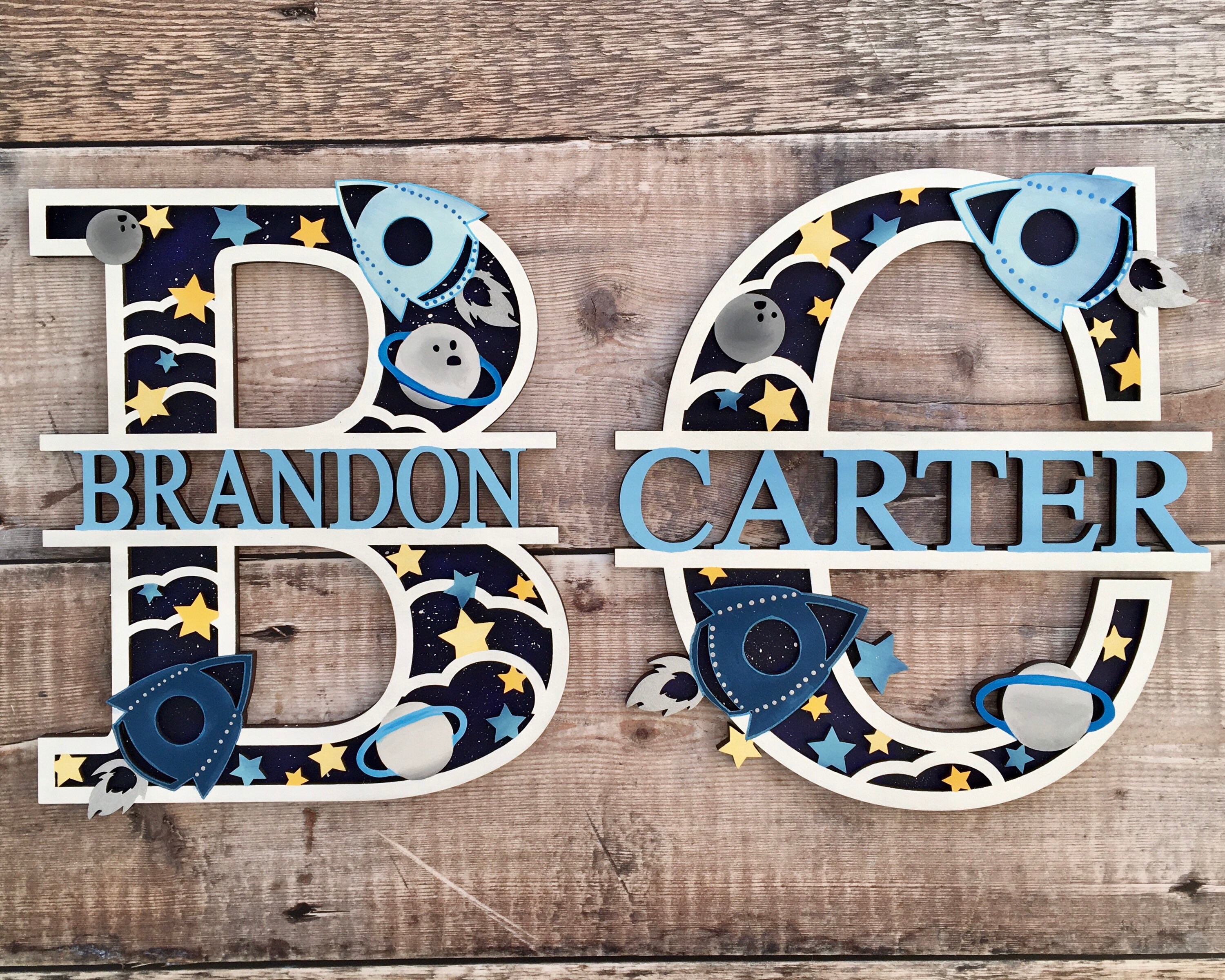 Personalised wooden space rocket wall art letter & name sign Etsy